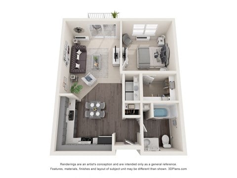Floor plan for 1 bed, 1 bath, 656 sqft